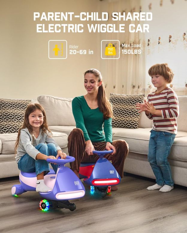 N7 Classic Electric Wiggle Car with Pedal, Rechargeable Battery, Ride on Toys, Swing Car, 2 Speeds, Anti-Rollover, Flashing Light Wheels, Bluetooth, for Ages 3 and Up, 150 Lbs, Pink