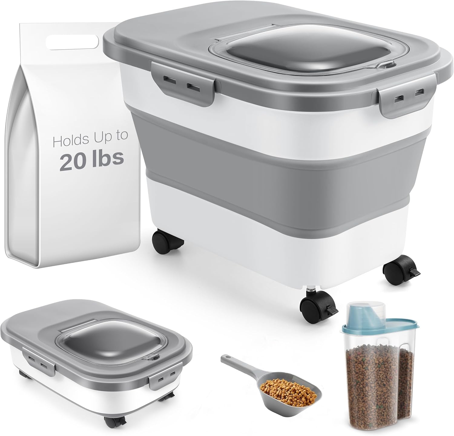 ANVS Dog Food Storage Container - Up to 20lbs Collapsible Dog Food Container with Casters, Scoop and 2.5L Small Pet Food Container to Keep Dry Pet Food Fresh (Green)
