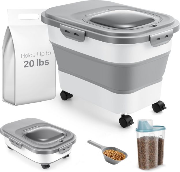 ANVS Dog Food Storage Container - Up to 20lbs Collapsible Dog Food Container with Casters, Scoop and 2.5L Small Pet Food Container to Keep Dry Pet Food Fresh (Green)