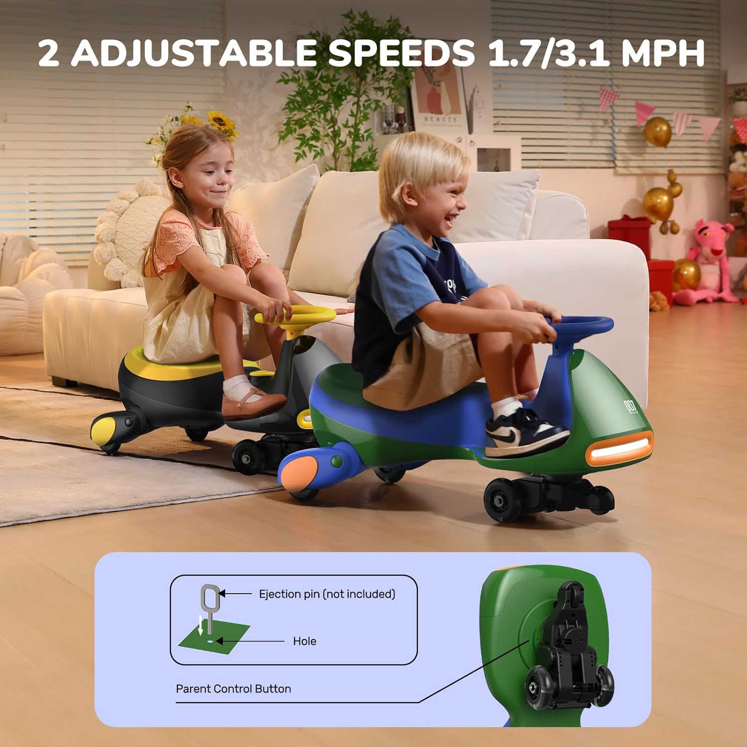 N7 Classic Electric Wiggle Car with Pedal, Rechargeable Battery, Ride on Toys, Swing Car, 2 Speeds, Anti-Rollover, Flashing Light Wheels, Bluetooth, for Ages 3 and Up, 150 Lbs, Pink