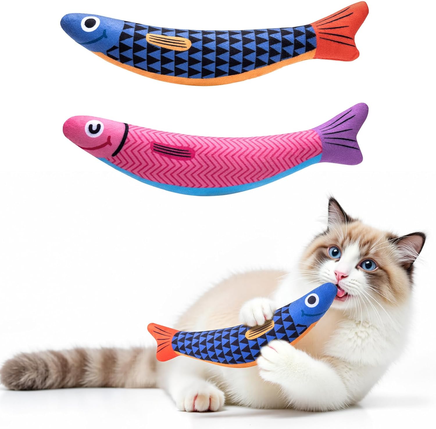 Cat Toys with[5000mg A+Natural Catnip &Silvervine] [Baby Grade] Interactive Soft Cat Toys[Crinkle &Bell] With Fish Sound