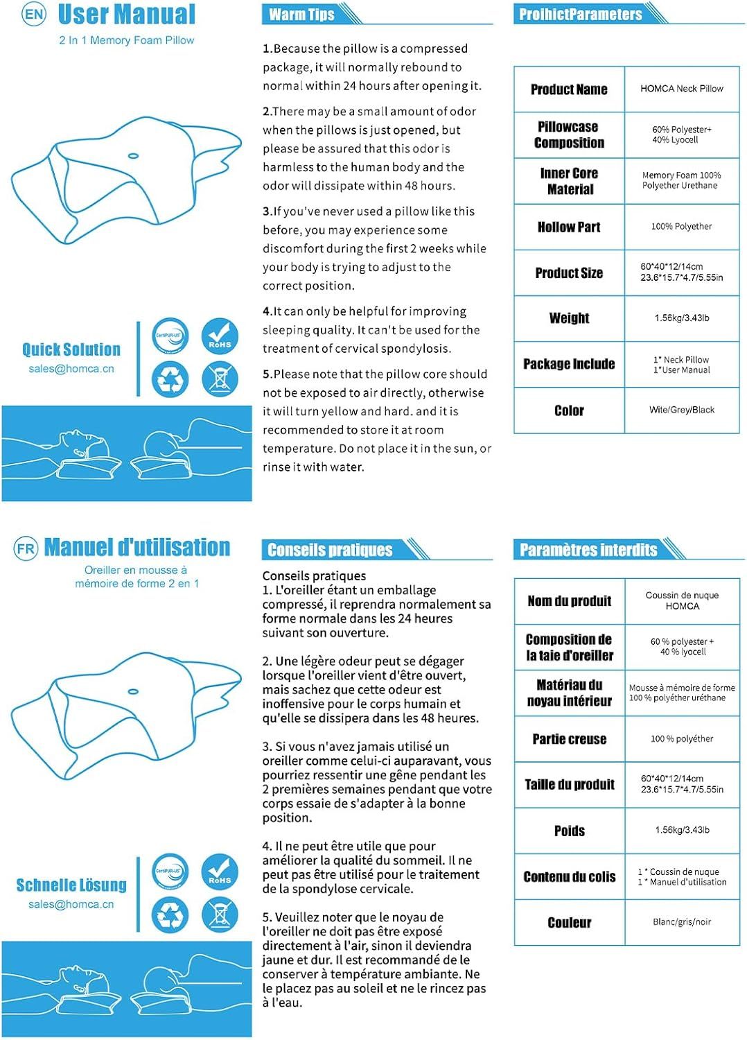 Memory Foam Cervical Pillow, 2 in 1 Ergonomic Contour Orthopedic Pillow for Neck Pain, Contoured Support Pillows for Side Back Stomach Sleepers