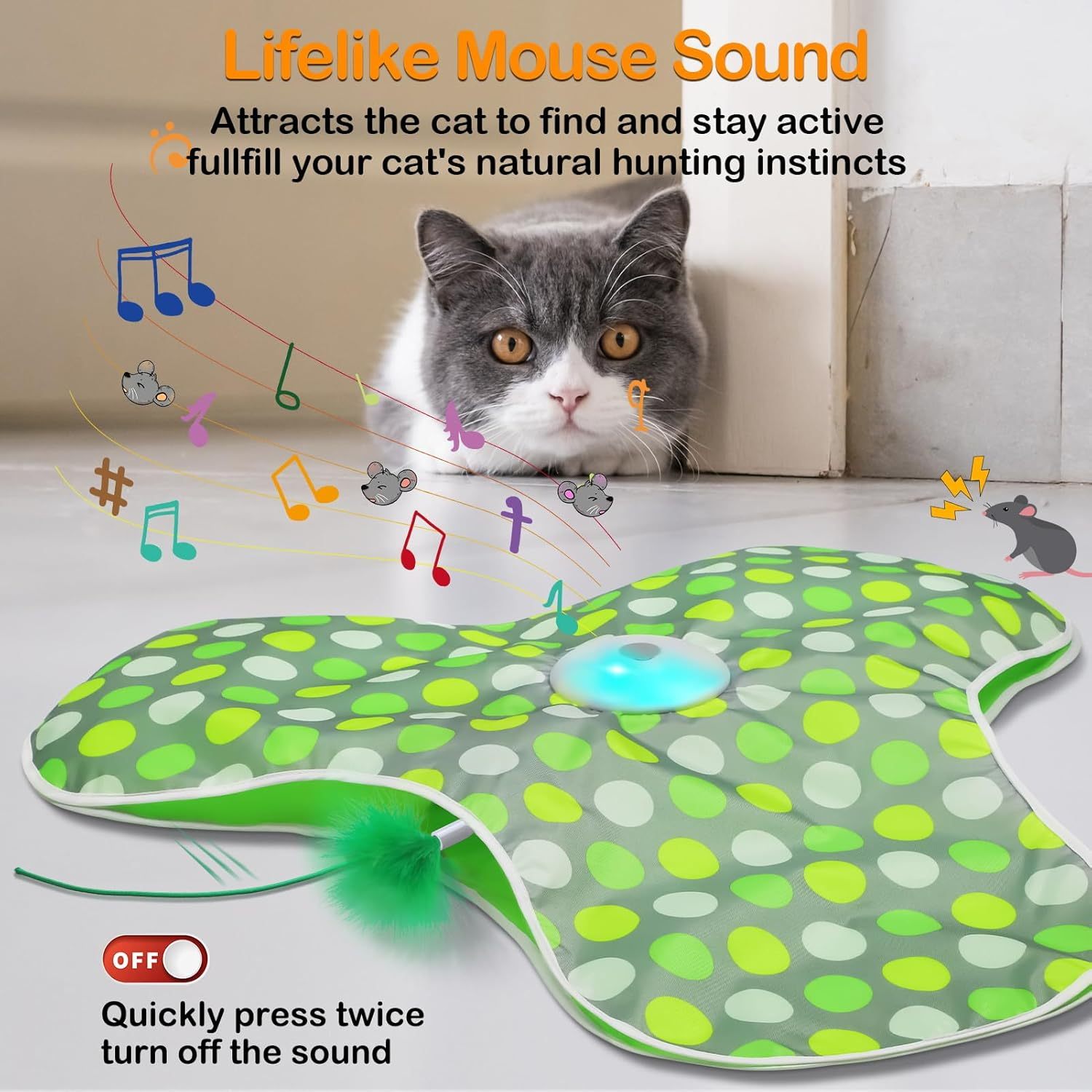 Interactive Cat Toys Rechargeable,Moving Concealed Feathers,Real Mouse Squeaky,Touch Activated Cat Kitten Toy Exercise Toys for Indoor Bored Adult Cats