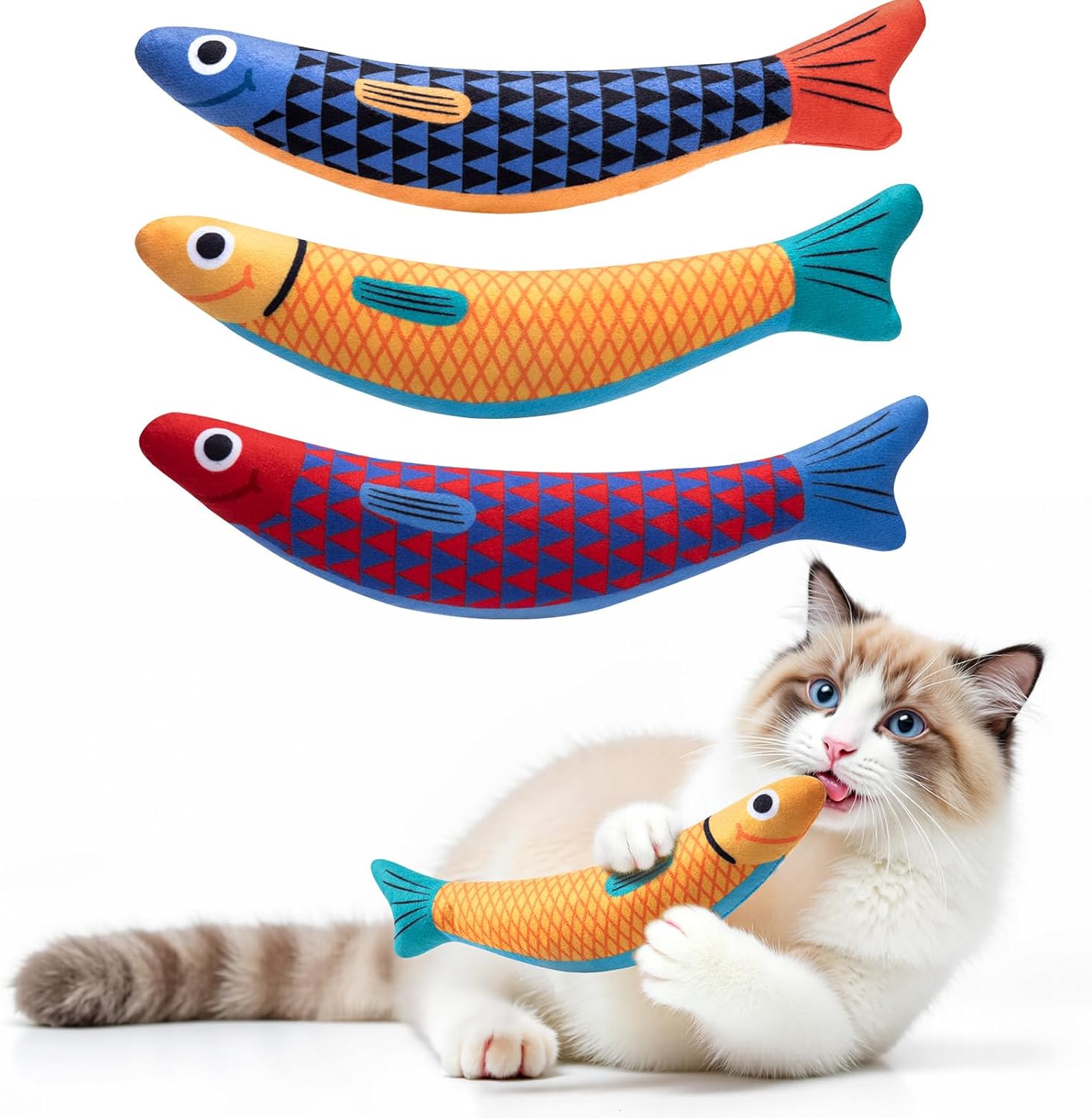 Cat Toys with[5000mg A+Natural Catnip &Silvervine] [Baby Grade] Interactive Soft Cat Toys[Crinkle &Bell] With Fish Sound