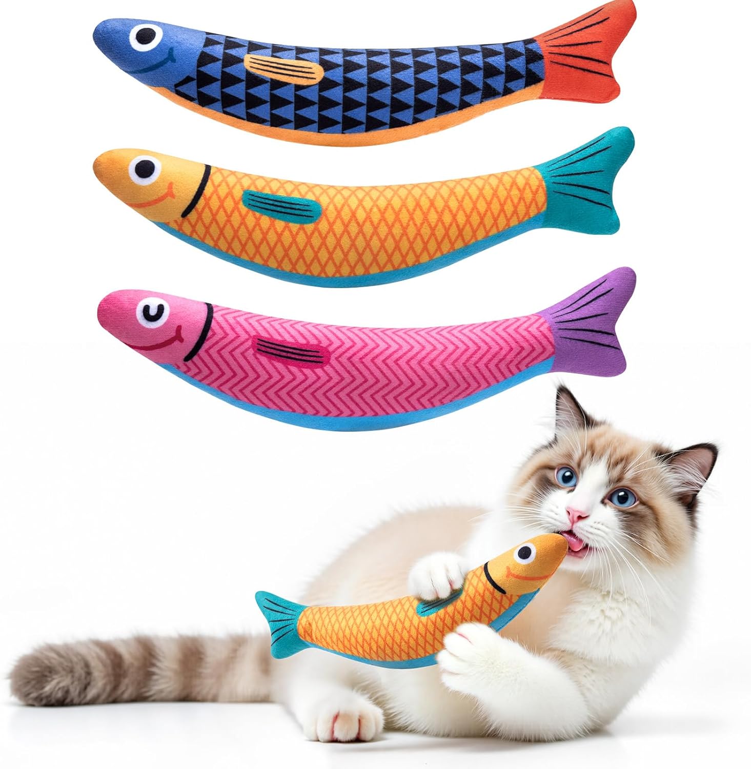 Cat Toys with[5000mg A+Natural Catnip &Silvervine] [Baby Grade] Interactive Soft Cat Toys[Crinkle &Bell] With Fish Sound