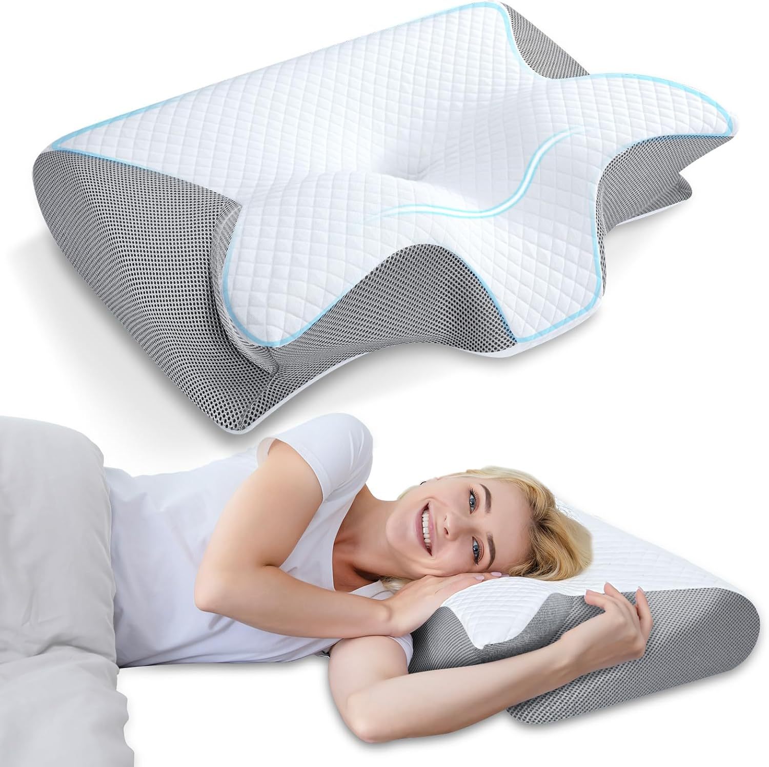 Memory Foam Cervical Pillow, 2 in 1 Ergonomic Contour Orthopedic Pillow for Neck Pain, Contoured Support Pillows for Side Back Stomach Sleepers