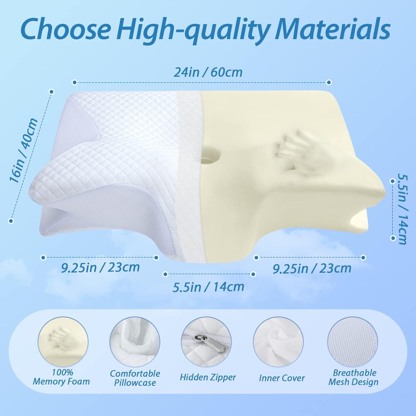 Memory Foam Cervical Pillow, 2 in 1 Ergonomic Contour Orthopedic Pillow for Neck Pain, Contoured Support Pillows for Side Back Stomach Sleepers
