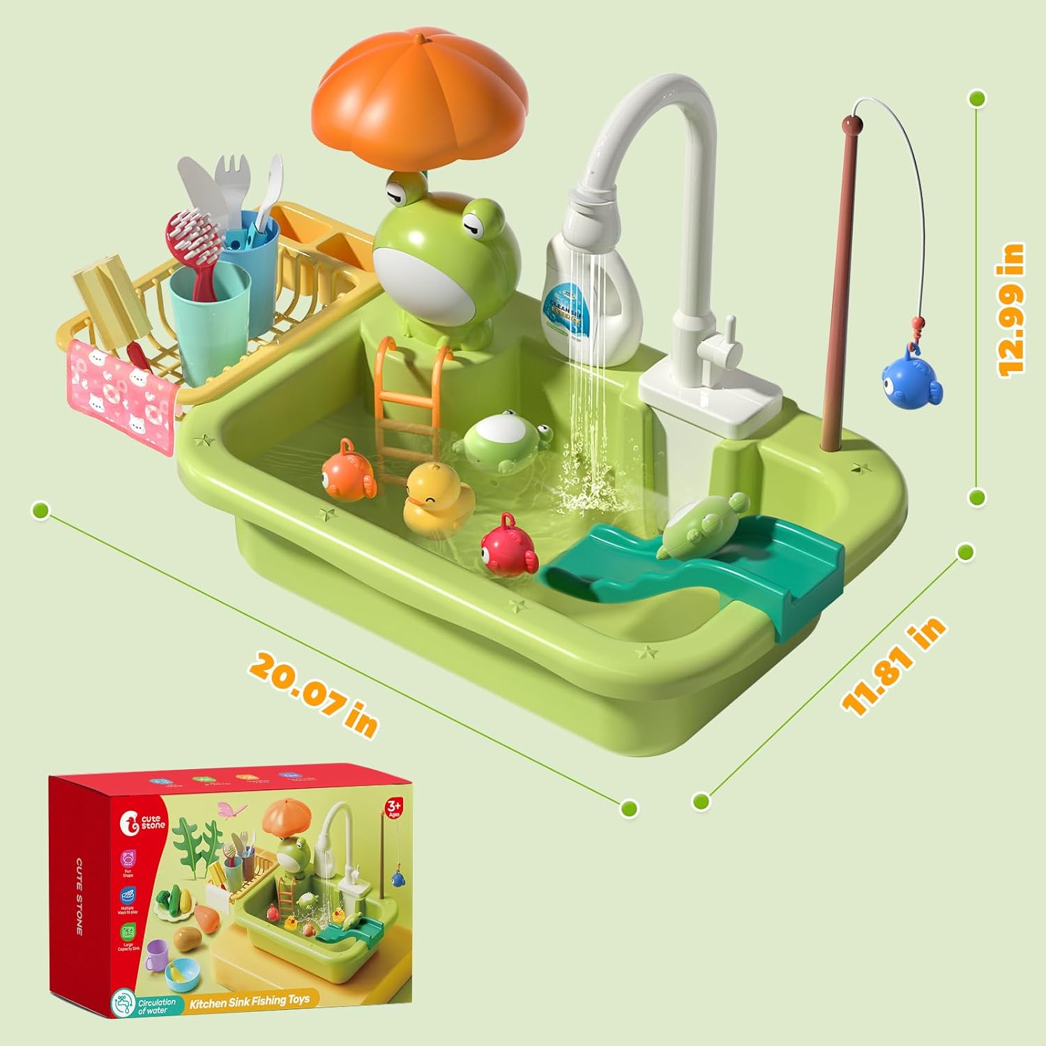 CUTE STONE Play Sink with Running Water, Kitchen Sink Toys with Upgraded Electric Faucet, Play Kitchen Toy Accessories, Pool Floating Fishing Toys for Water Play, Kids Role Play Dishwasher Toy