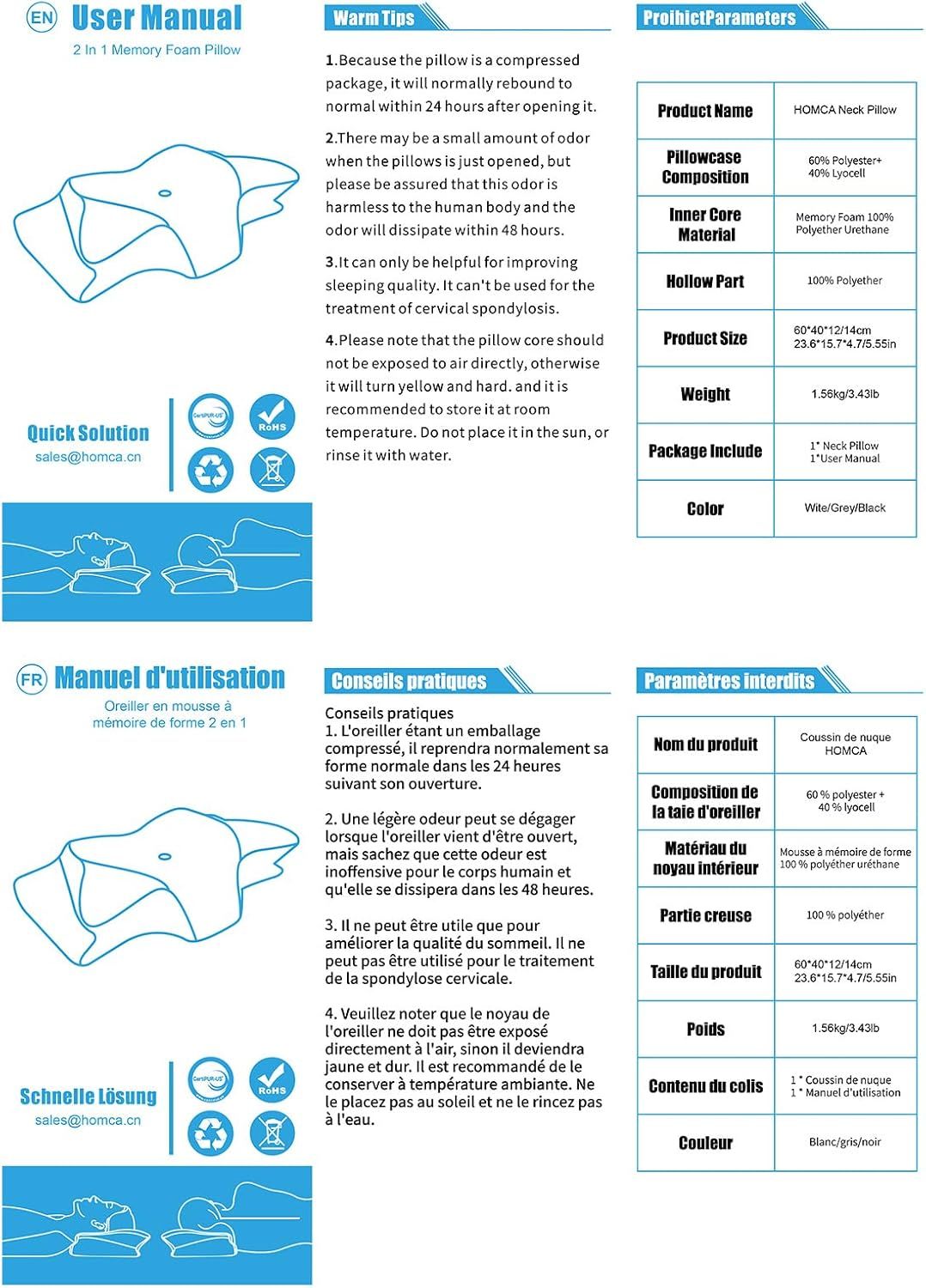 Memory Foam Cervical Pillow, 2 in 1 Ergonomic Contour Orthopedic Pillow for Neck Pain, Contoured Support Pillows for Side Back Stomach Sleepers