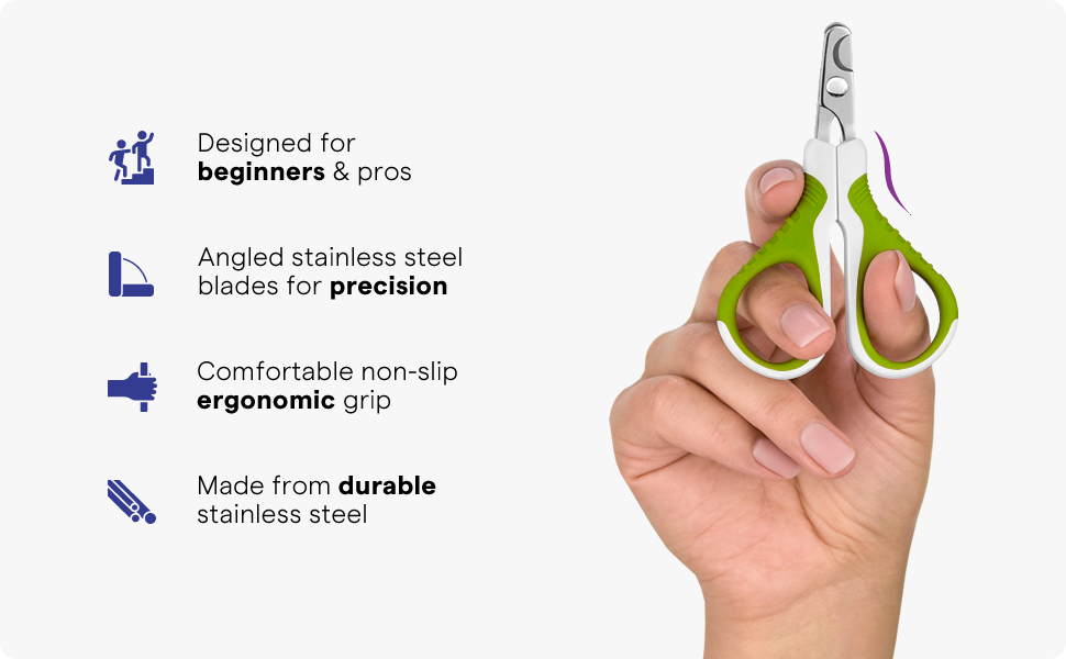 Cat nail clippers with angled steel blades, ergonomic grip, precise and safe trimming