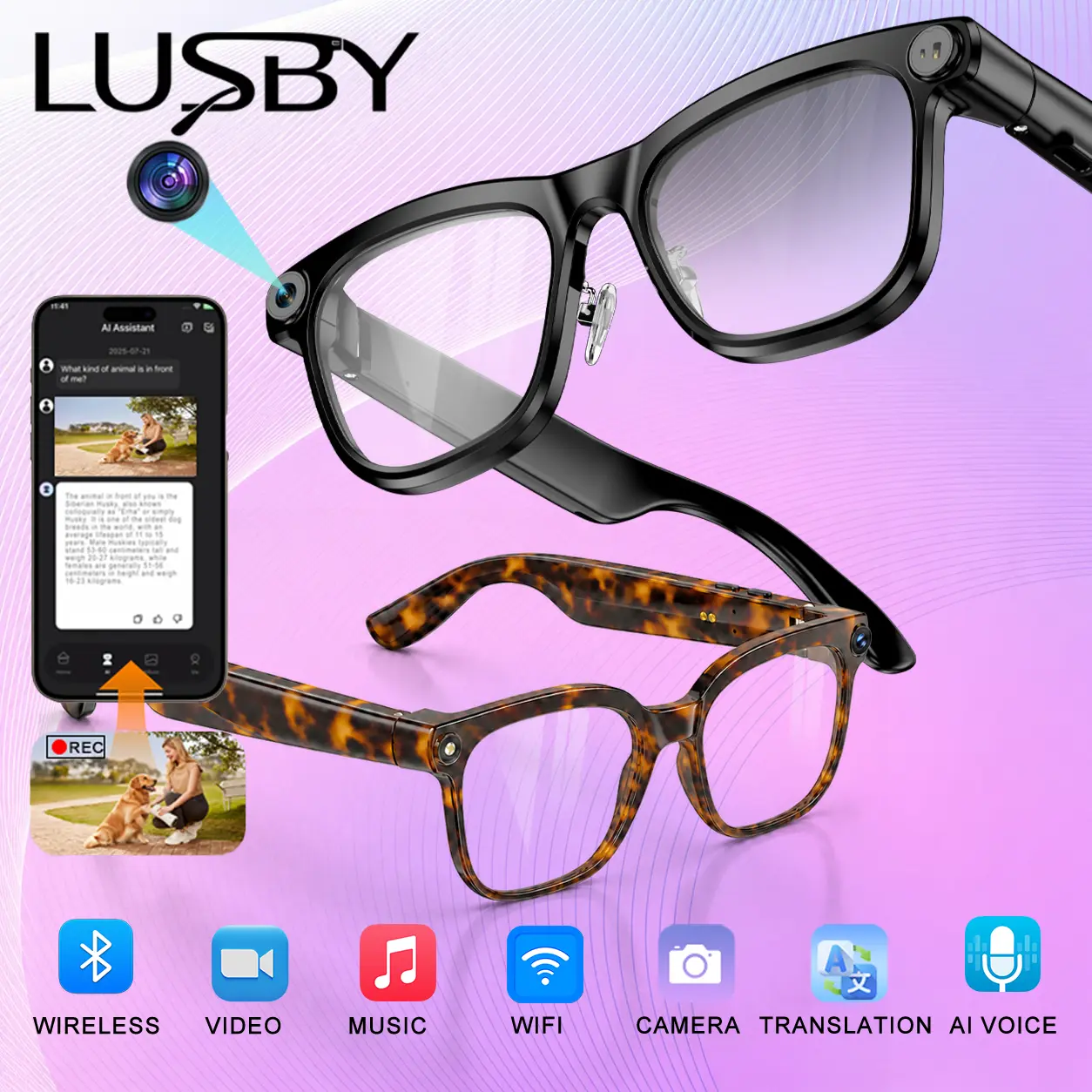 LUSBY Smart AI Camera Glasses, Bluetooth