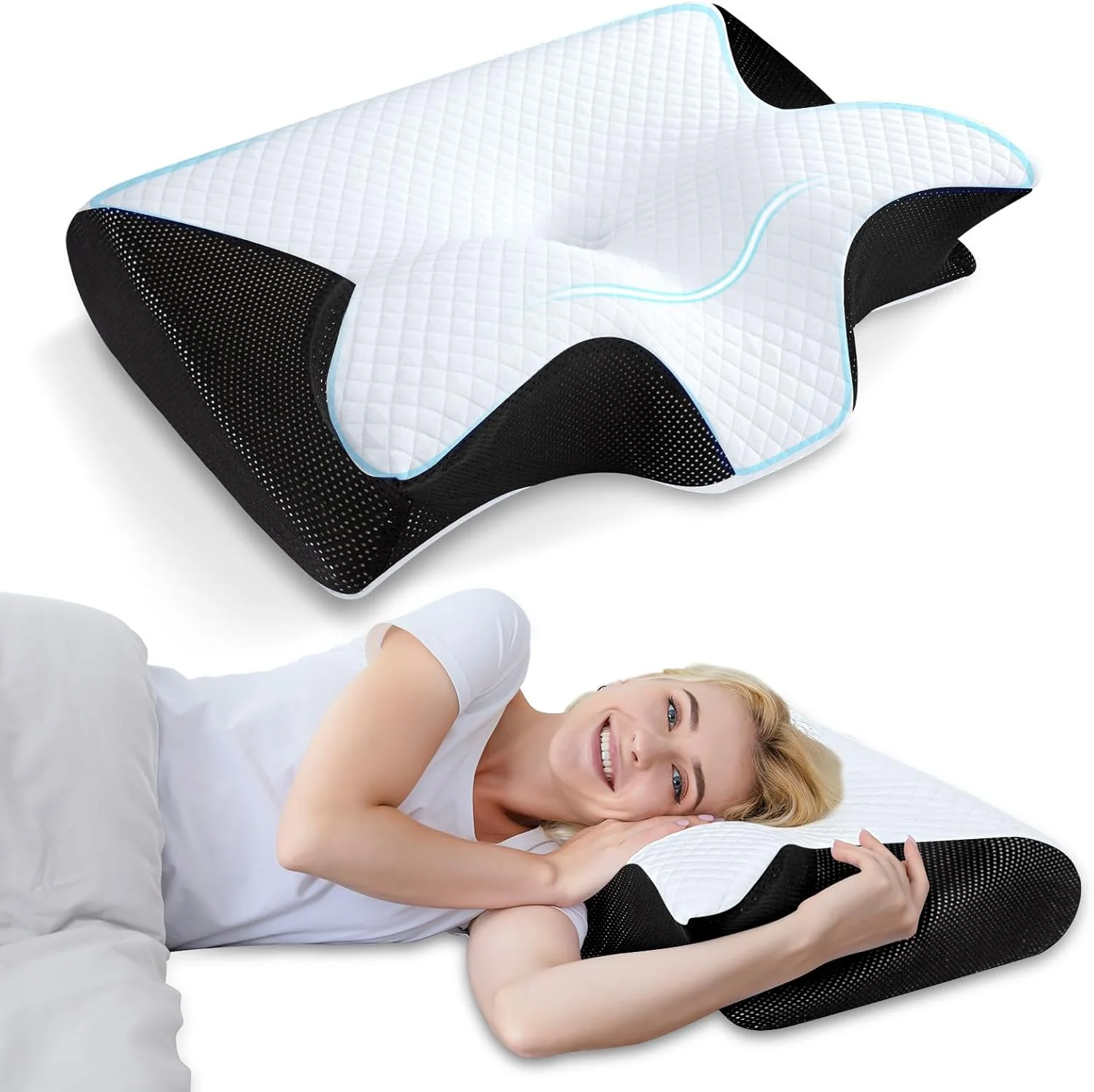 【Stock Clearance】🎉 Memory Foam Cervical Pillow, 2 in 1 Ergonomic Contour Orthopedic Pillow for Neck Pain, Contoured Support Pillows for Side Back Stomach Sleepers
