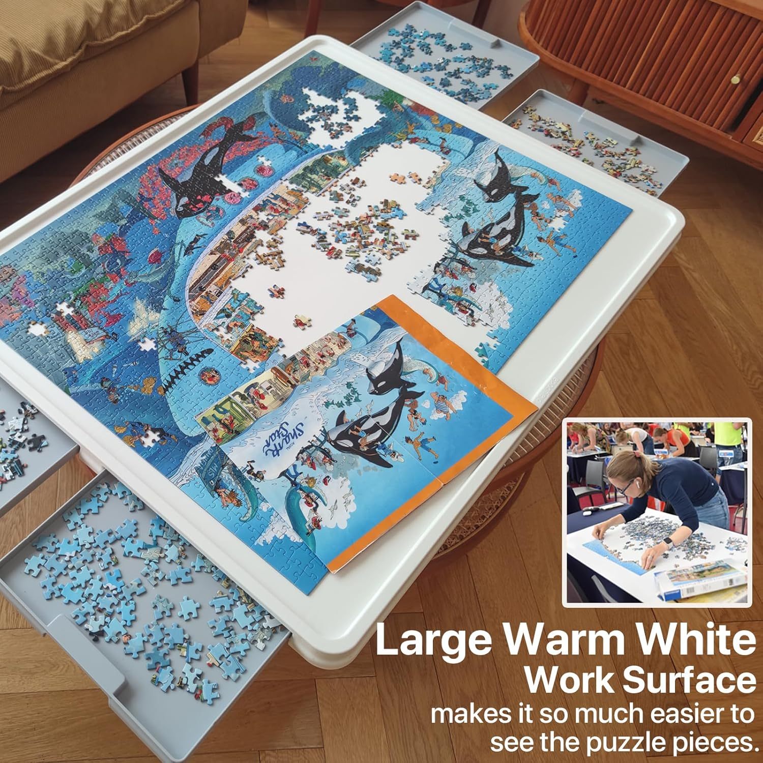 ⏰ LAST DAY 60% OFF 1500 Pieces Rotating Plastic Puzzle Board with Drawers and Cover, 35"x27" Portable Spinning Jigsaw Puzzle Table for Adults, Upgraded Lazy Susan, Ideal Gift for Mum