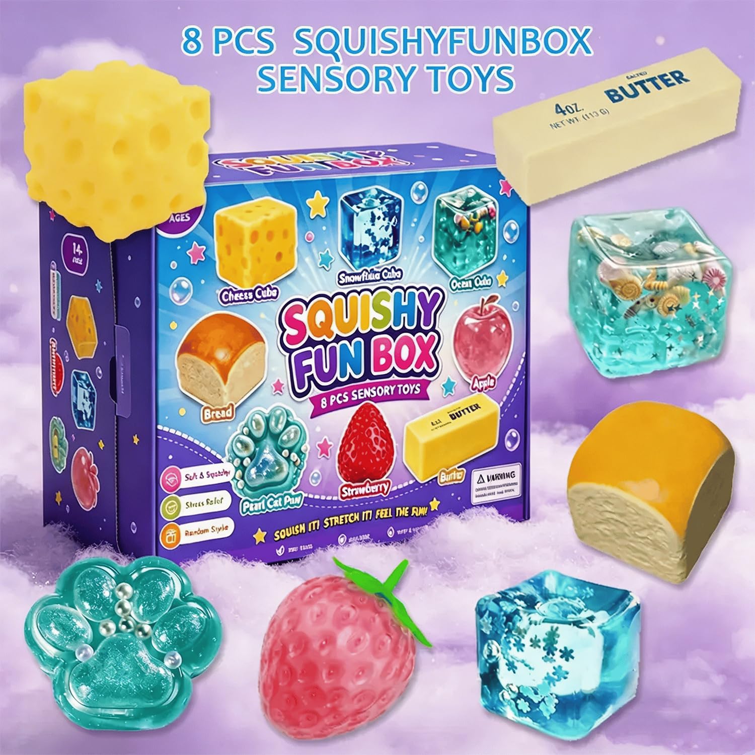 8-piece Squishy Set– Kawaii Stress Relief Fidget Toys, Malt Sugar Squishies