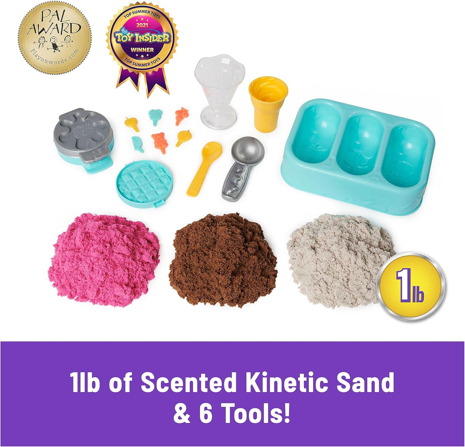 Kinetic Sand Scents, Ice Cream Treats Playset, Easter Basket Stuffers, Includes 3 Scented Colors of Moldable Play Sand & 6 Tools, Sensory Toys for Kids