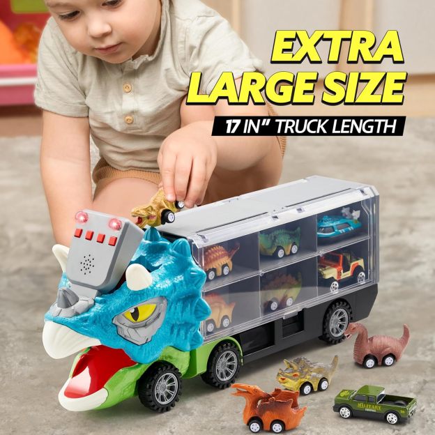 ⏰ LAST DAY 60% OFF 💥 13 in 1 Dinosaur Toys for Kids 3-5, Dinosaur Truck with 12 Pull Back Cars, Birthday Gifts Toys for 3 4 5+ Year Old Boy, Transport Carrier Truck for Toddlers, Christmas Great Gifts for Grandkids