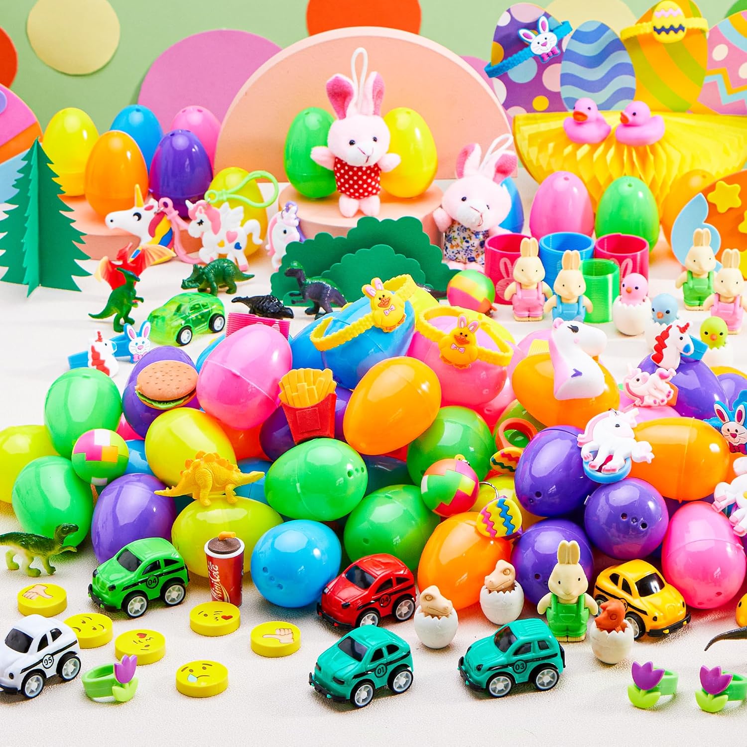 100 Pcs Prefilled Easter Eggs with Toys Plus Stickers, Filled with Toys Party Favors for Kids Boys Girls Easter Eggs Hunt, Basket Stuffers Fillers, Classroom Prize Supplies