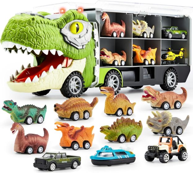 ⏰ LAST DAY 60% OFF 💥 13 in 1 Dinosaur Toys for Kids 3-5, Dinosaur Truck with 12 Pull Back Cars, Birthday Gifts Toys for 3 4 5+ Year Old Boy, Transport Carrier Truck for Toddlers, Christmas Great Gifts for Grandkids