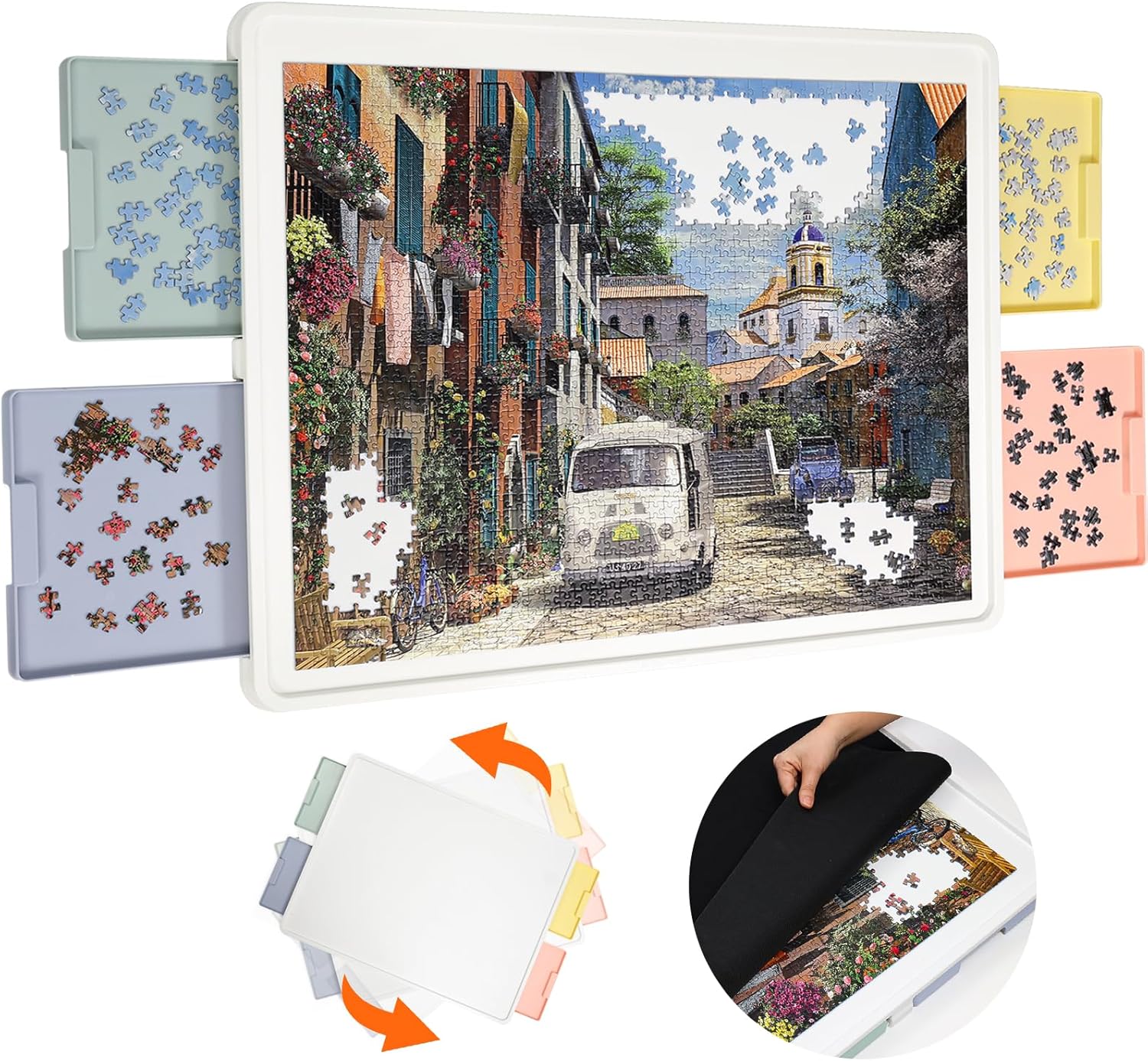 ⏰ LAST DAY 60% OFF 1500 Pieces Rotating Plastic Puzzle Board with Drawers and Cover, 35"x27" Portable Spinning Jigsaw Puzzle Table for Adults, Upgraded Lazy Susan, Ideal Gift for Mum