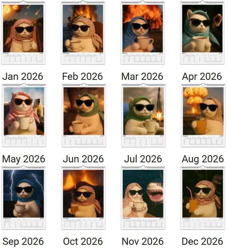 😼🍹Everything is Fine Meme Cat Wall Calendar 2026