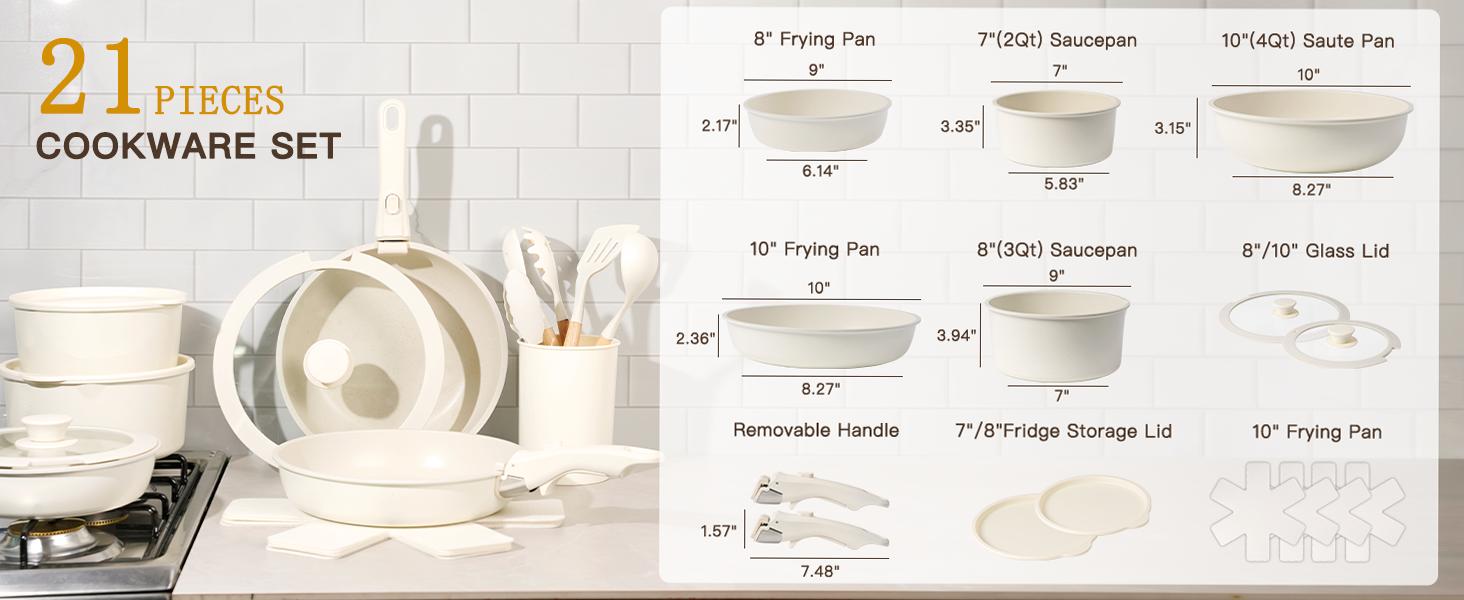 【summerwins2026】Astercook 20-Pcs Cookware Set, Non-Stick Coating, Durable & Easy to Clean, Perfect for Home, Gatherings, and Professional Kitchens hexclad cookware. White,father'sdaygifts,campingessentials,campinggear,home essentials