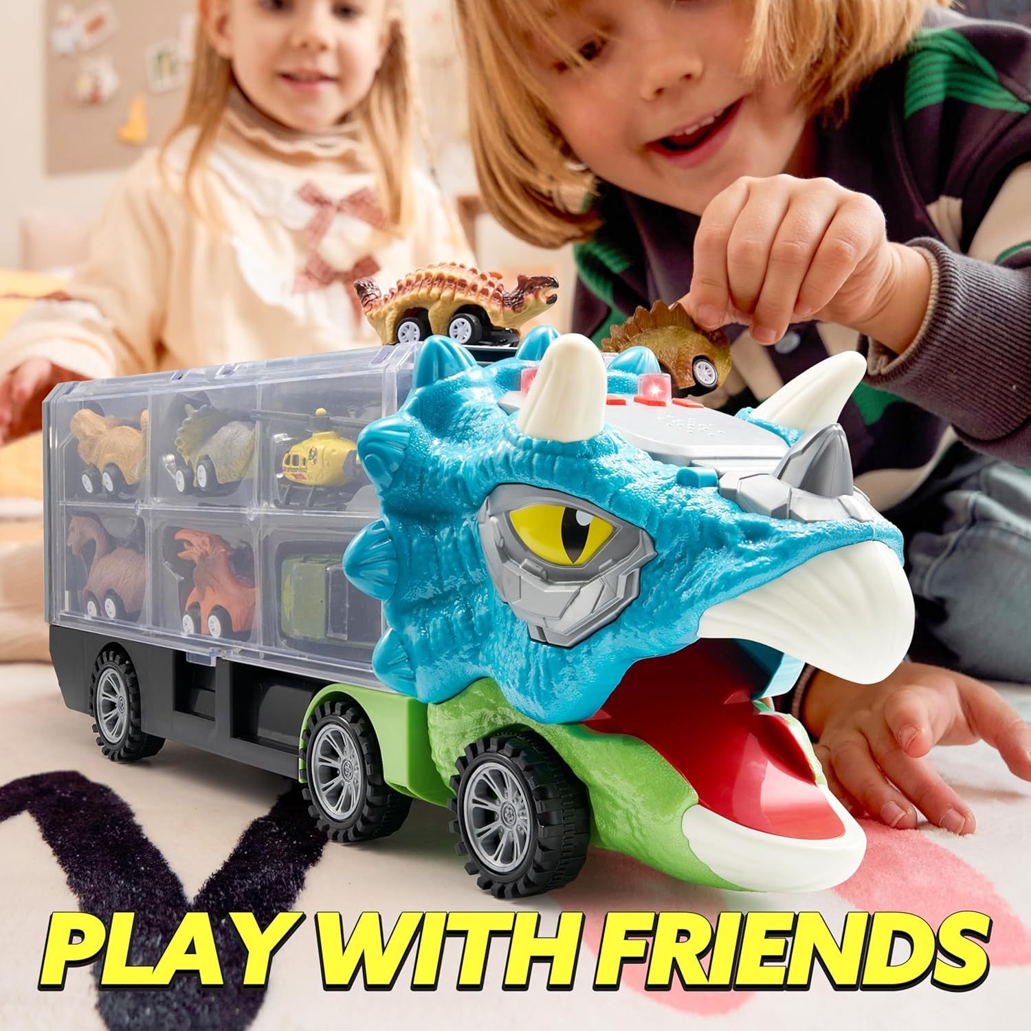 ⏰ LAST DAY 60% OFF 💥 13 in 1 Dinosaur Toys for Kids 3-5, Dinosaur Truck with 12 Pull Back Cars, Birthday Gifts Toys for 3 4 5+ Year Old Boy, Transport Carrier Truck for Toddlers, Christmas Great Gifts for Grandkids