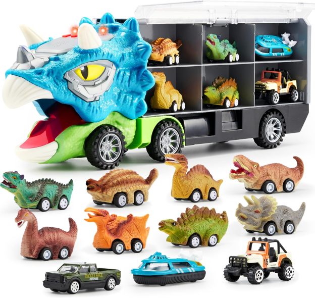 ⏰ LAST DAY 60% OFF 💥 13 in 1 Dinosaur Toys for Kids 3-5, Dinosaur Truck with 12 Pull Back Cars, Birthday Gifts Toys for 3 4 5+ Year Old Boy, Transport Carrier Truck for Toddlers, Christmas Great Gifts for Grandkids