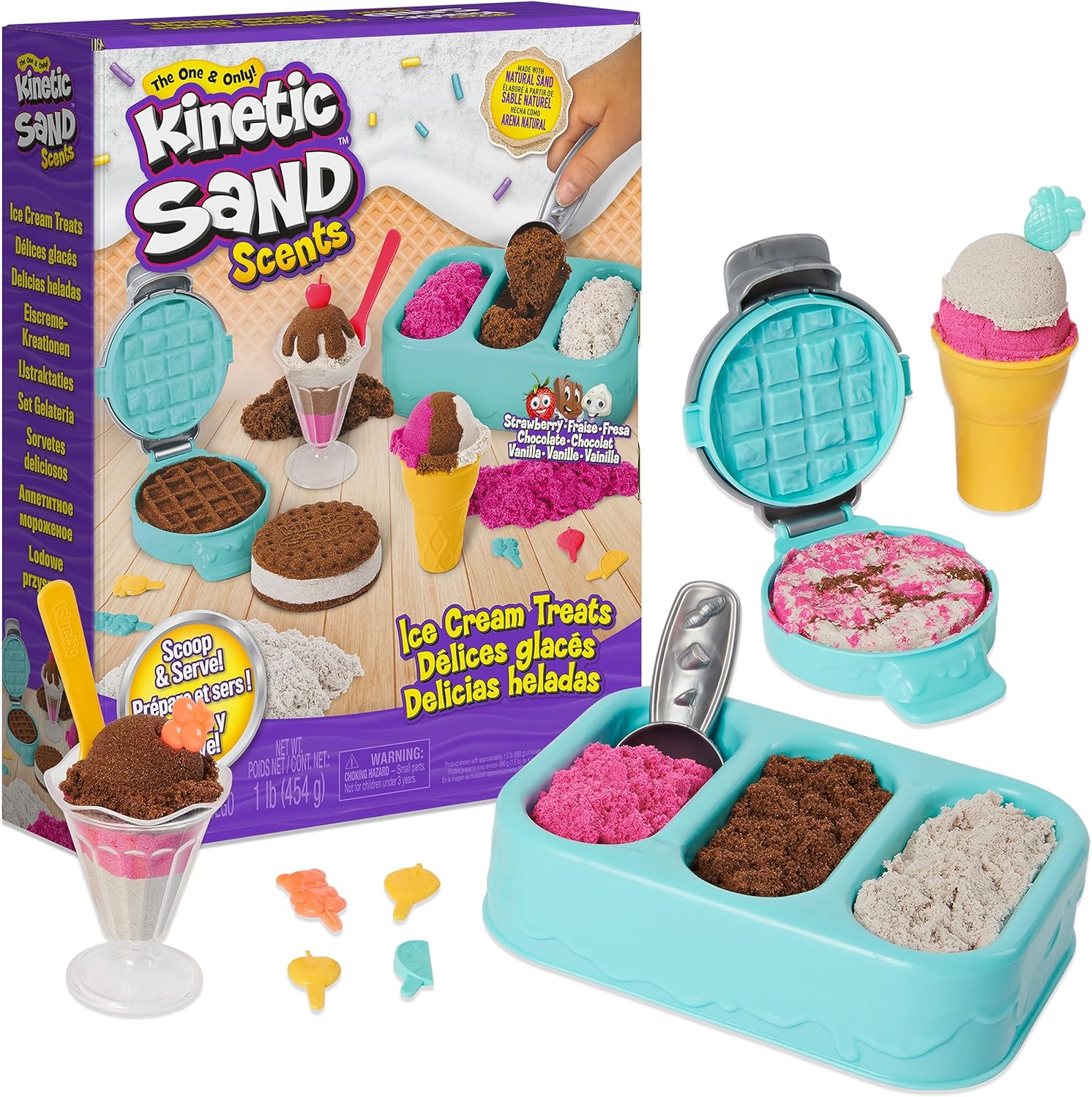Kinetic Sand Scents, Ice Cream Treats Playset, Easter Basket Stuffers, Includes 3 Scented Colors of Moldable Play Sand & 6 Tools, Sensory Toys for Kids