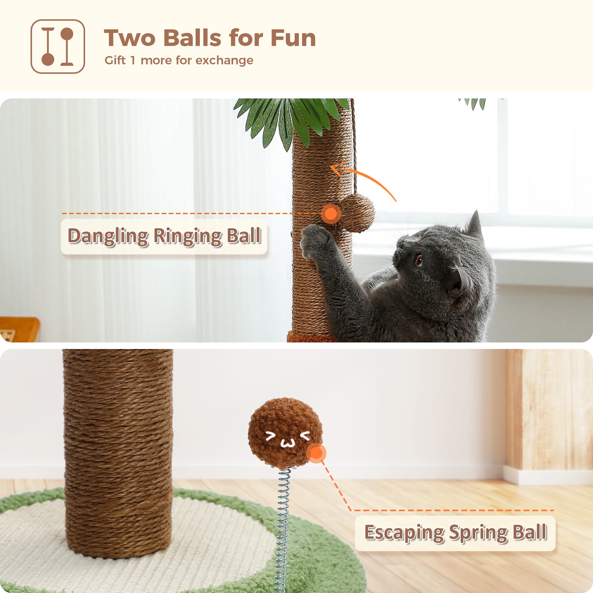 34" Coconut Palm Cat Scratching Post with Interactive Balls for Indoor Cats, Brown