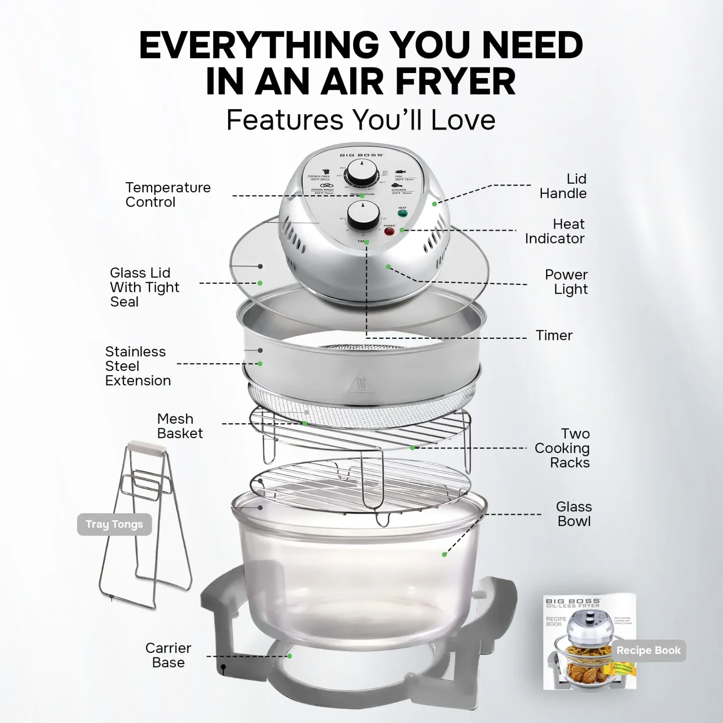 🎉Last Day 60% OFF⏰️ GraniteStone Air Fryer Toaster Oven Combo 16Qt Kitchen Countertop Convection Rotisserie 1300W Large Glass Bowl, Black