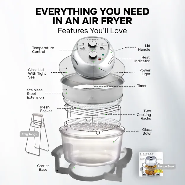 🎉Last Day 60% OFF⏰️ GraniteStone Air Fryer Toaster Oven Combo 16Qt Kitchen Countertop Convection Rotisserie 1300W Large Glass Bowl, Black