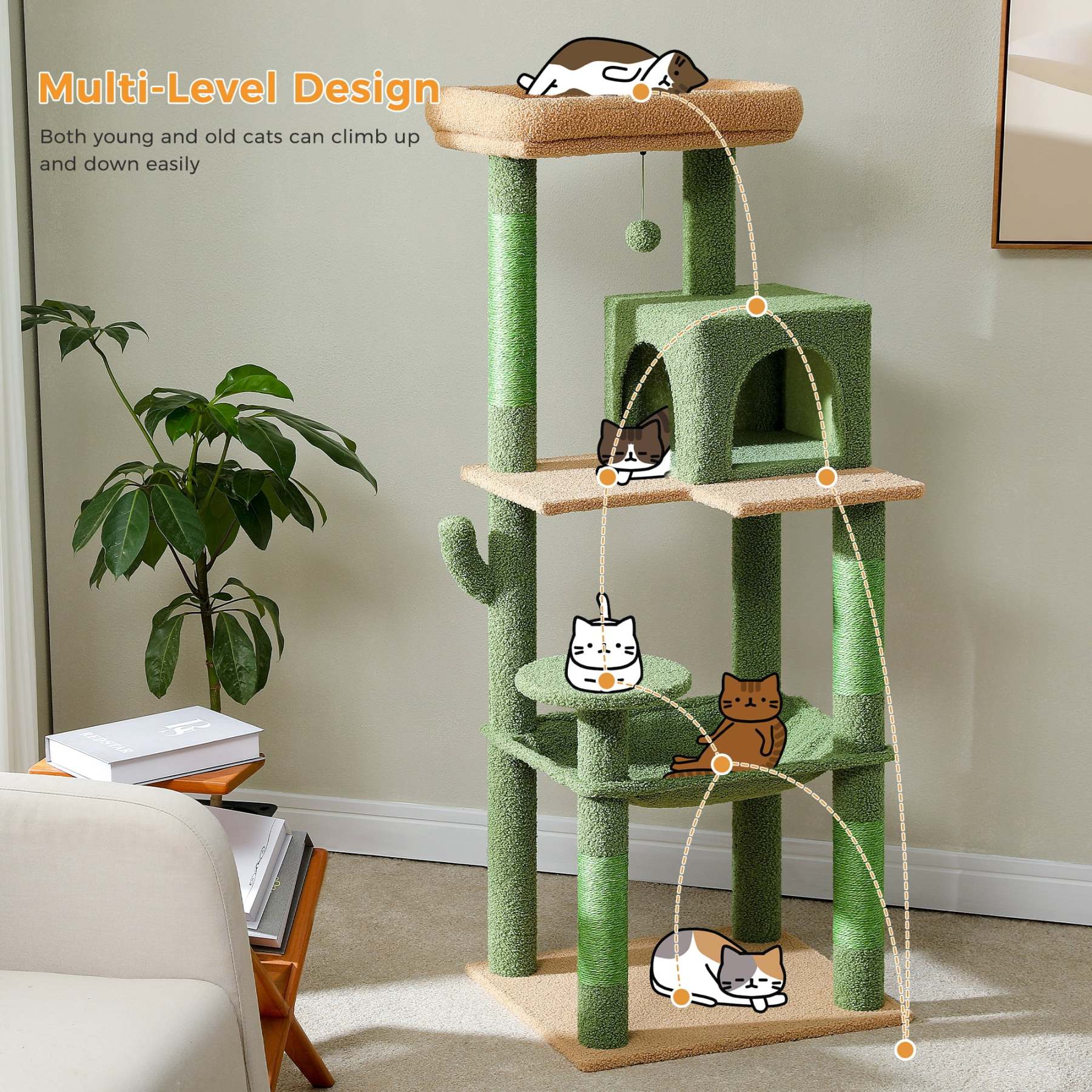  Cat Tree for Large Cats 56"Tall Cat Tower Condo with Scratching Post for Indoor Cats,Gray