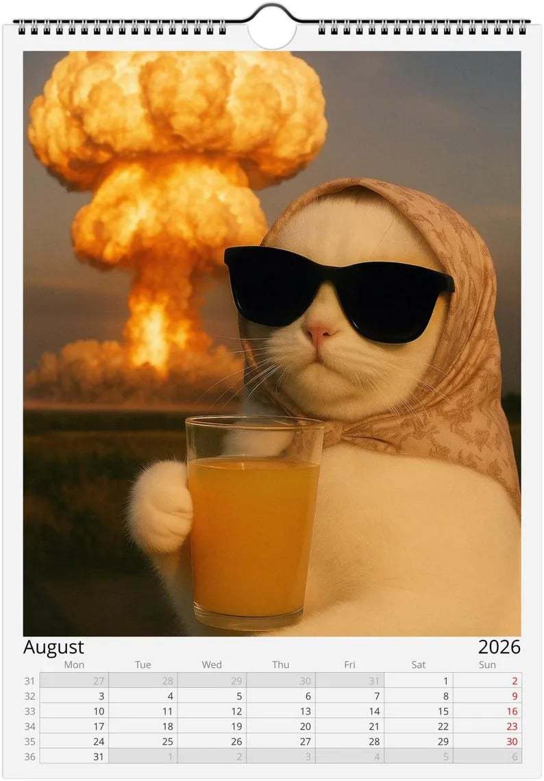 😼🍹Everything is Fine Meme Cat Wall Calendar 2026