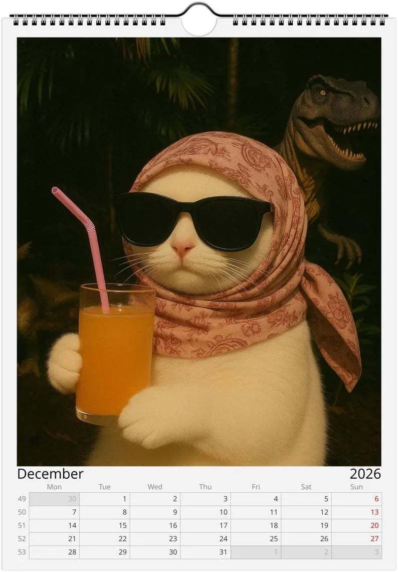 😼🍹Everything is Fine Meme Cat Wall Calendar 2026