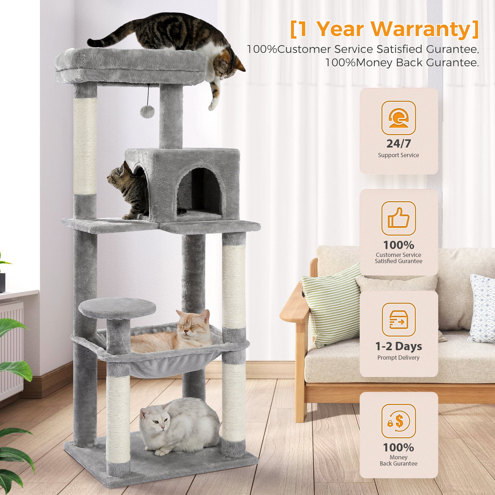 Cat Tree for Large Cats 56"Tall Cat Tower Condo with Scratching Post for Indoor Cats,Gray