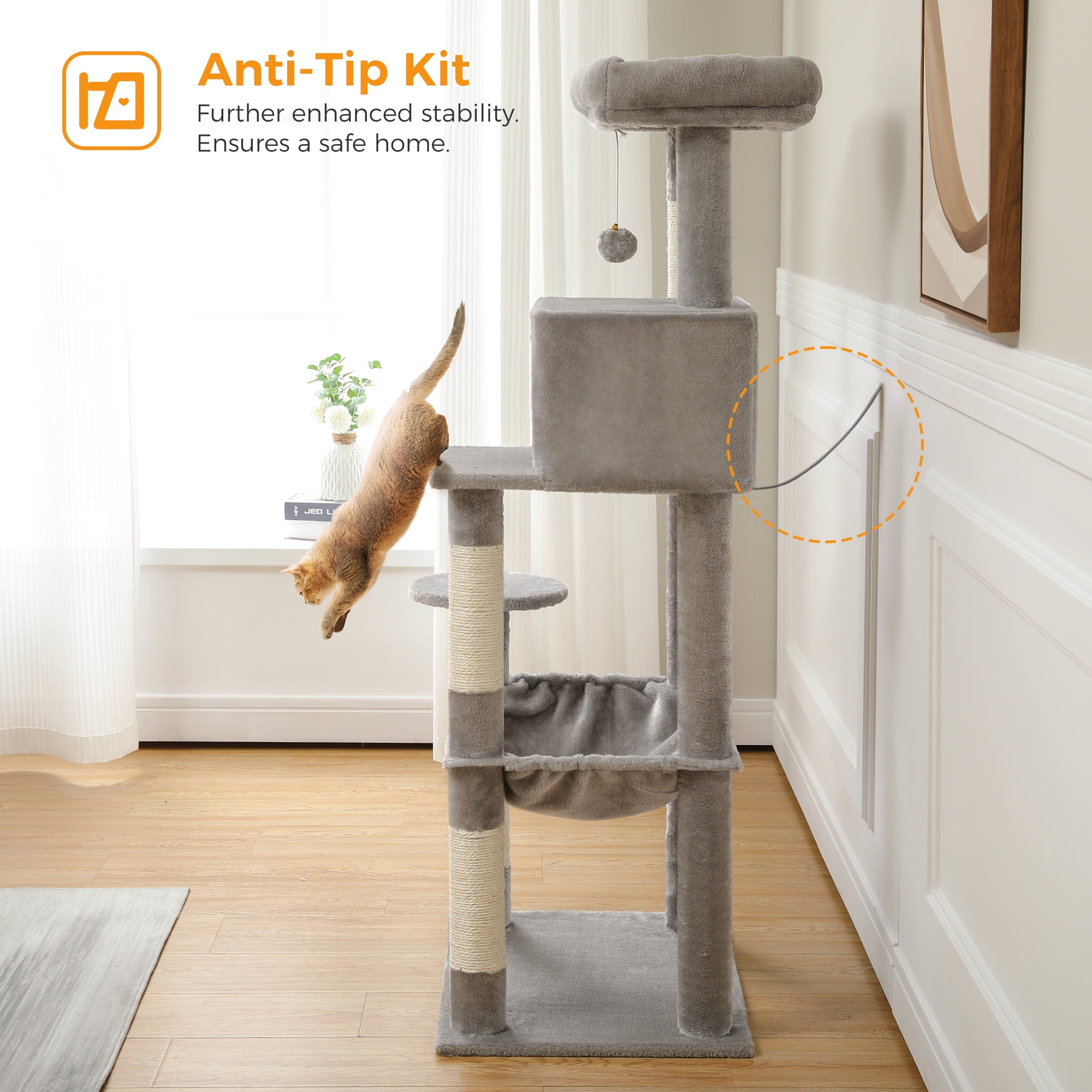 Cat Tree for Large Cats 56"Tall Cat Tower Condo with Scratching Post for Indoor Cats,Gray