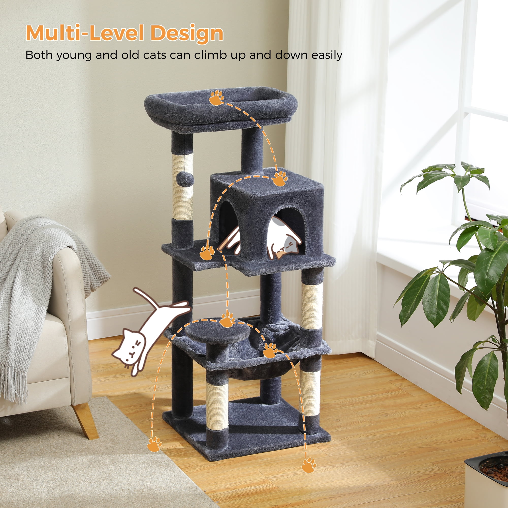  Cat Tree for Large Cats 56"Tall Cat Tower Condo with Scratching Post for Indoor Cats,Gray