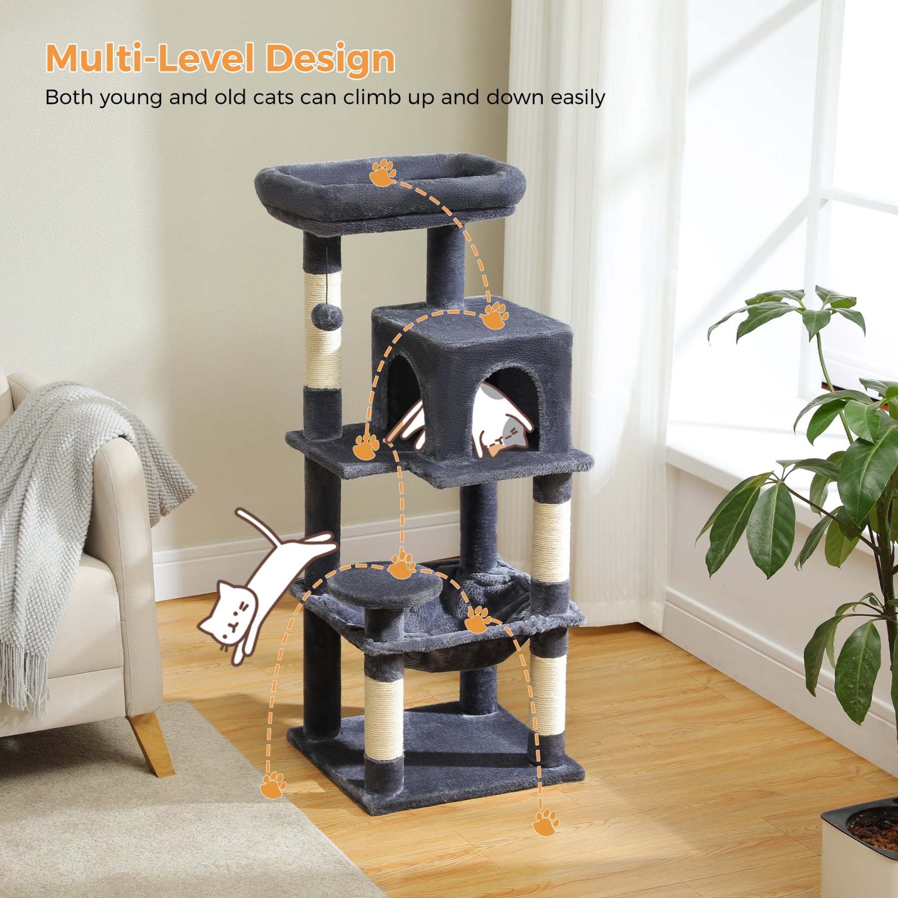  Cat Tree for Large Cats 56"Tall Cat Tower Condo with Scratching Post for Indoor Cats,Gray