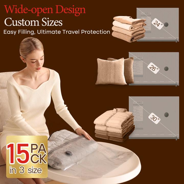 VACBIRD [2026 Upgraded] X7 Cordless Travel Vacuum Bag Set Vacuum Bags for Travel with Rechargeable air Pump, 15 Pack Carry-on Size Compression Packing Bags for Luggage and Suitcase, Space Saver for Clothes and Clothing Travel Zipper Pouches