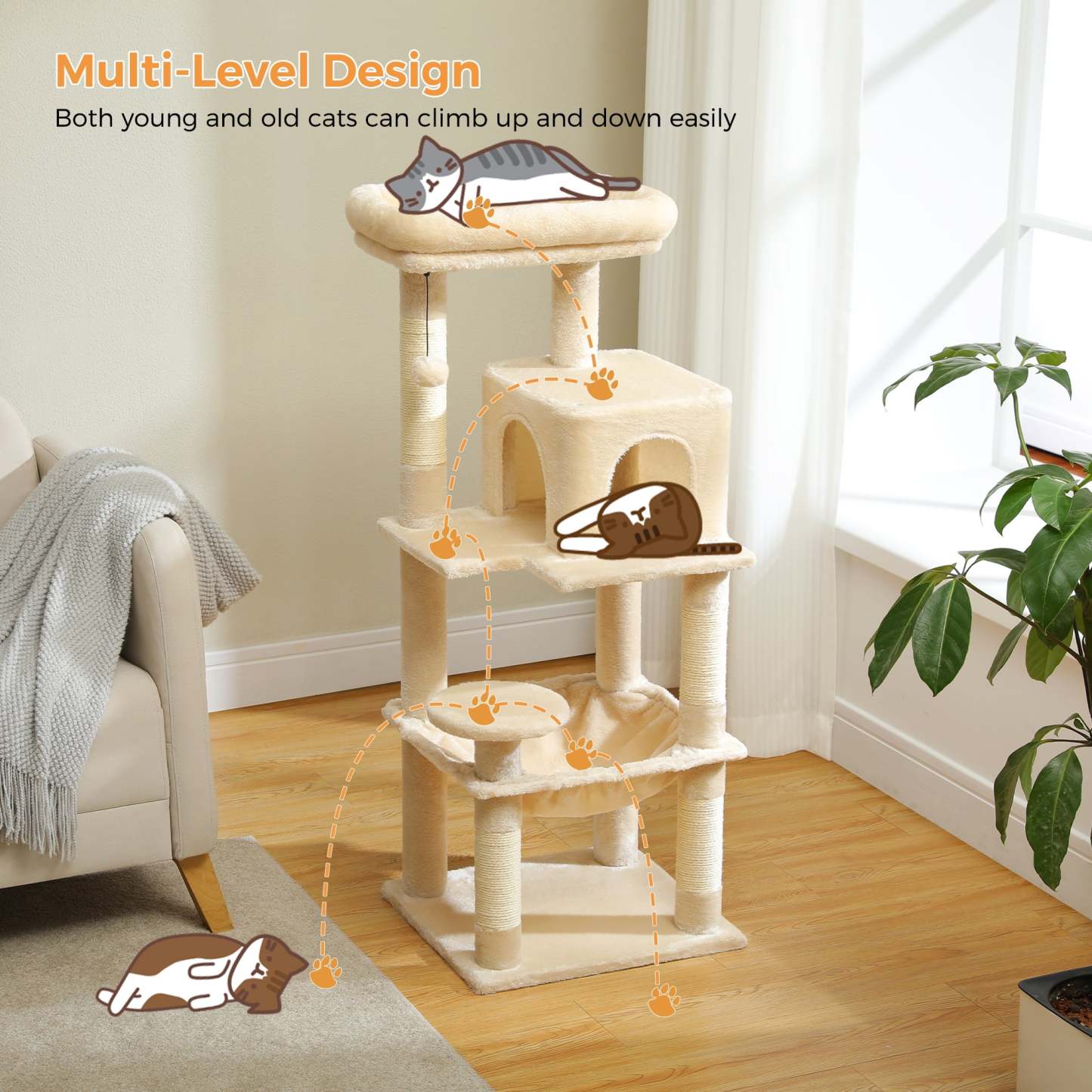  Cat Tree for Large Cats 56"Tall Cat Tower Condo with Scratching Post for Indoor Cats,Gray