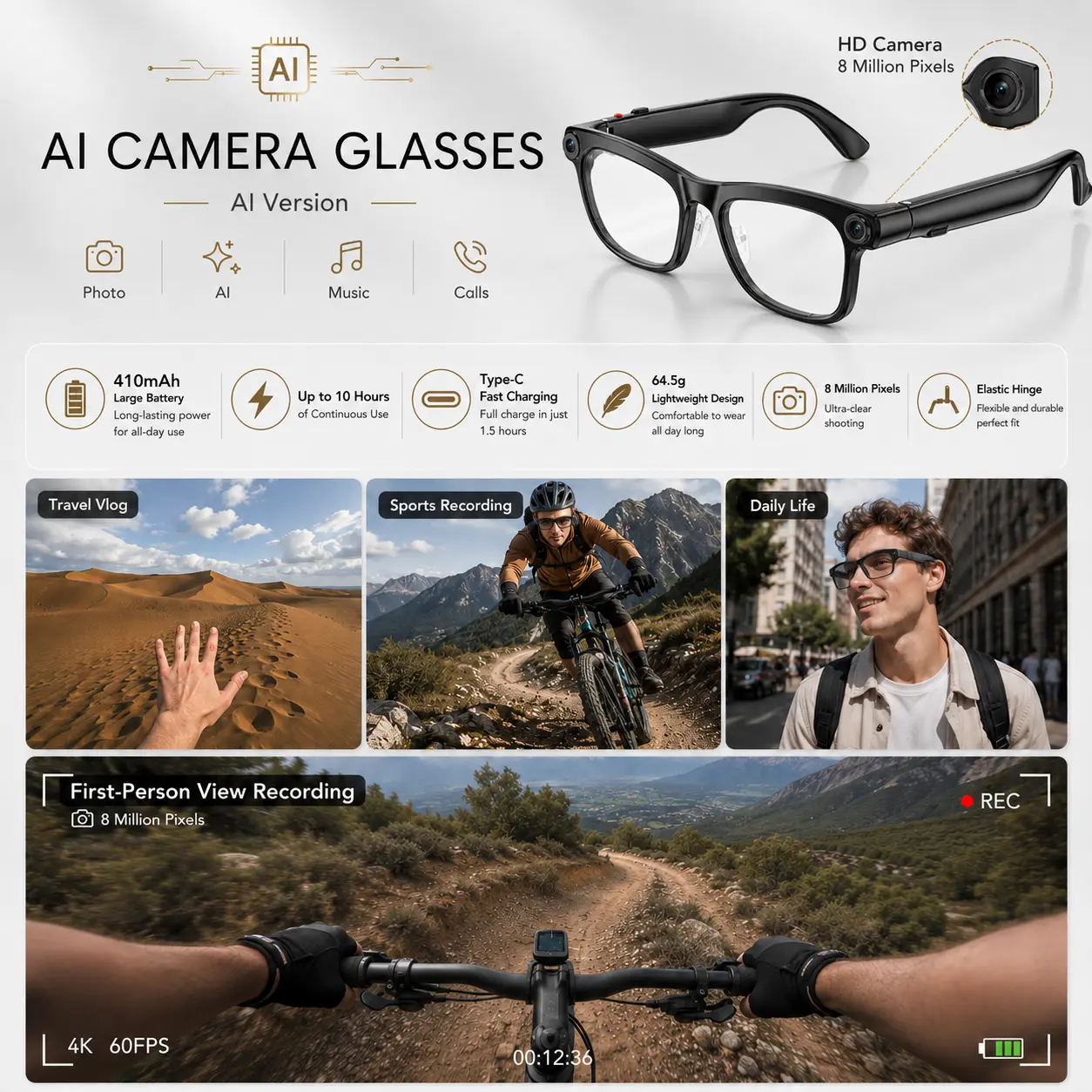 LUSBY Smart AI Camera Glasses, Bluetooth