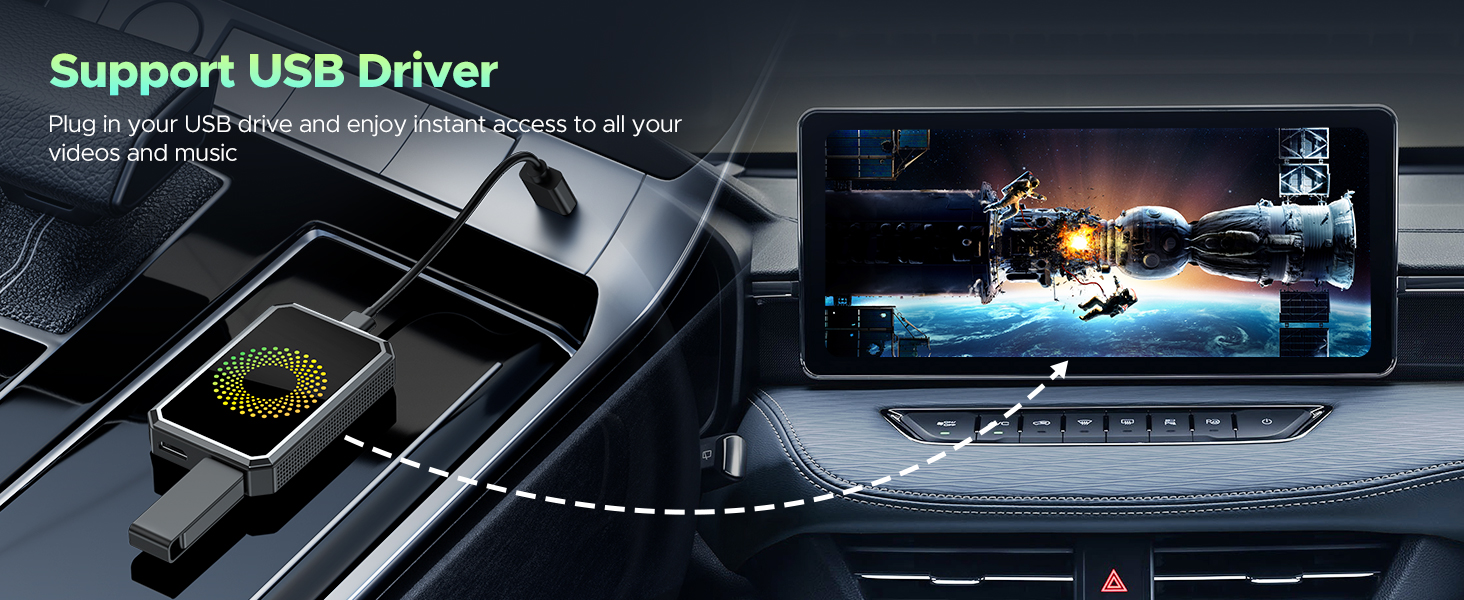 USB device connecting car display to smartphone showing video playback. Text reads: "Support USB Driver". Device enables instant access to videos and music from USB drive.