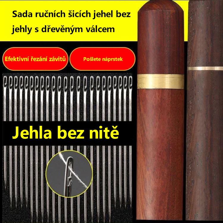 Sada ručních šicích jehel v dřevěném pouzdře, není třeba navlékat nit 