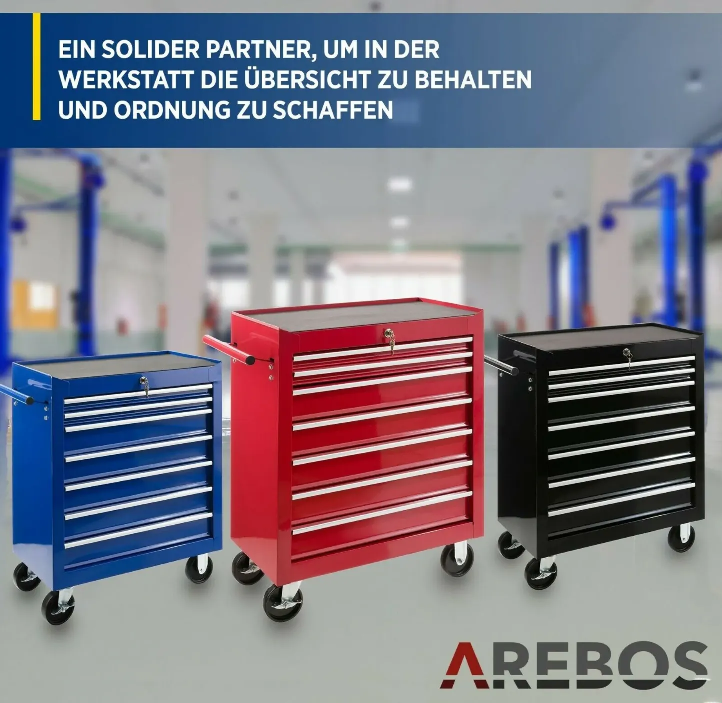 AREBOS Werkstattwagen 7 Schubladen | abschließbar, Antirutschmatten, Rot