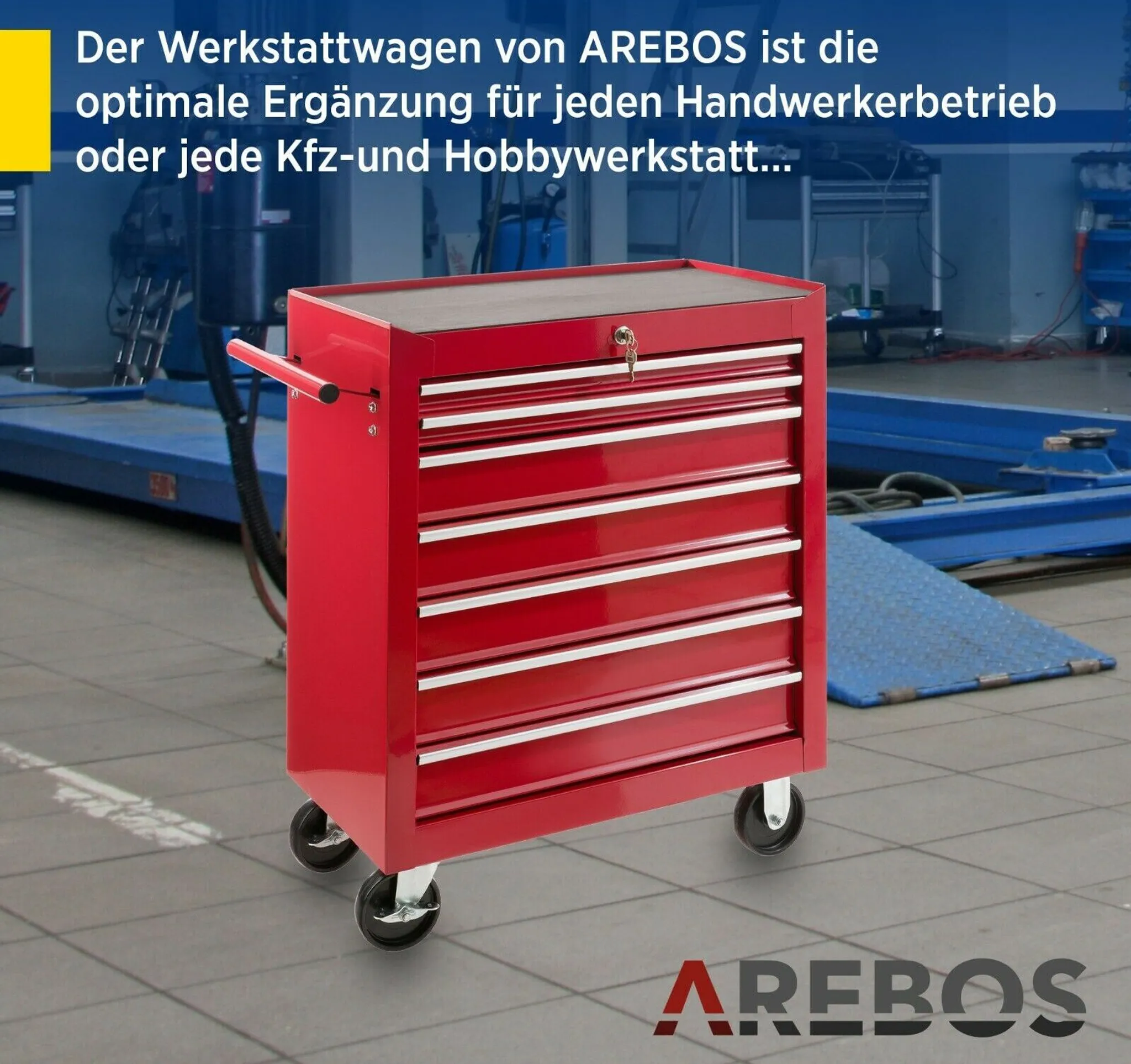 AREBOS Werkstattwagen 7 Schubladen | abschließbar, Antirutschmatten, Rot