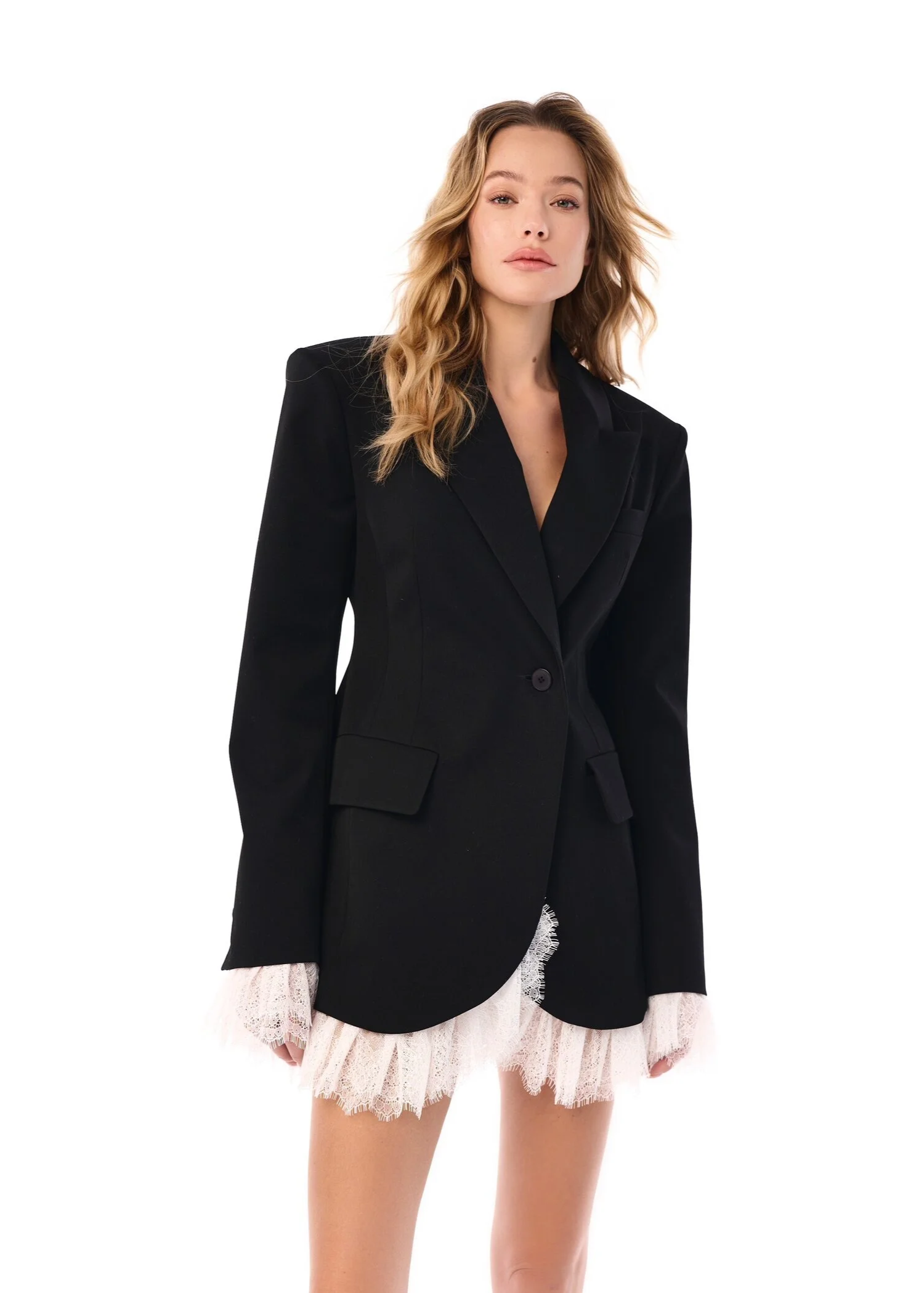 Elegant Loose Fit Blazer with Lace Hem