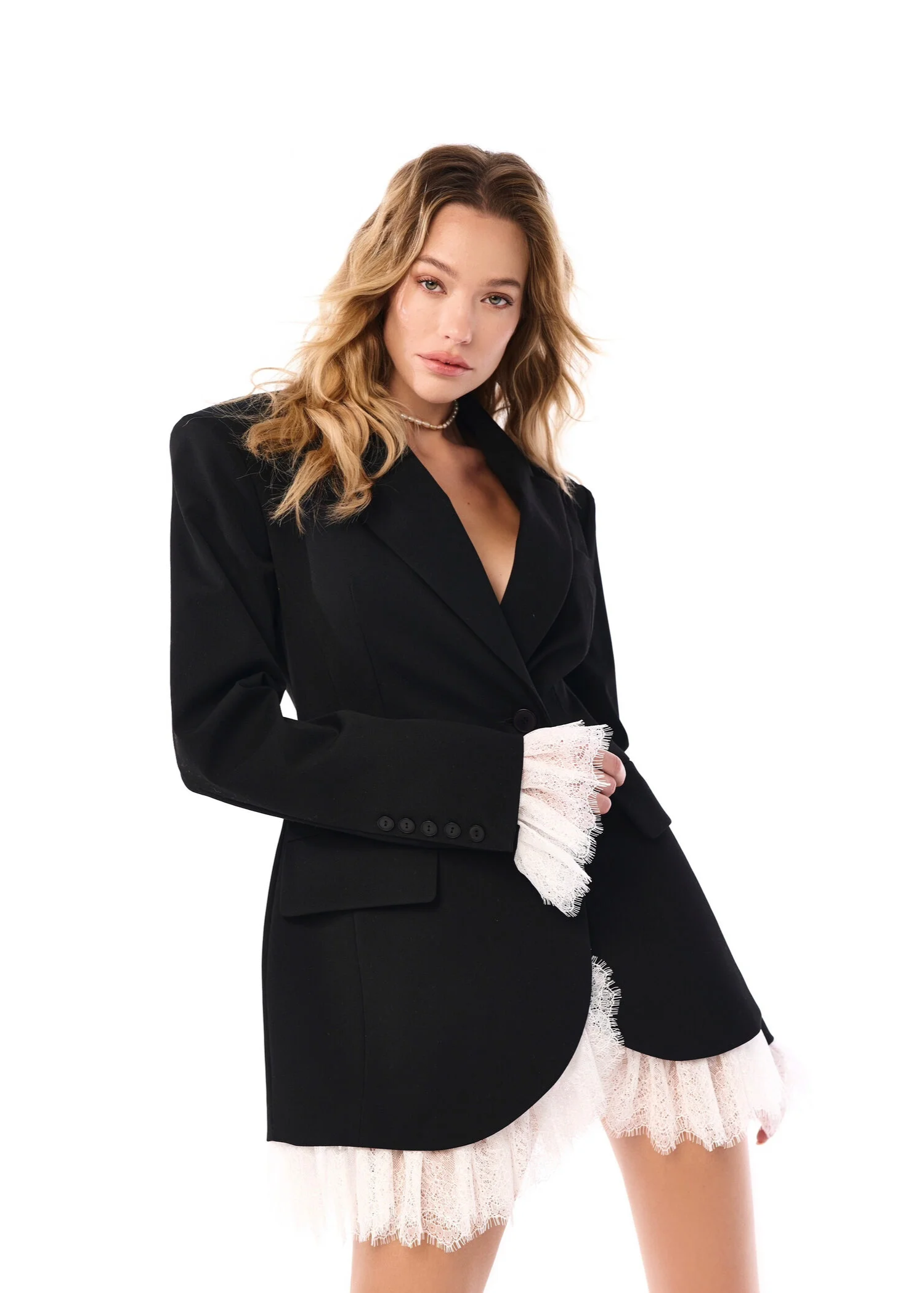 Elegant Loose Fit Blazer with Lace Hem