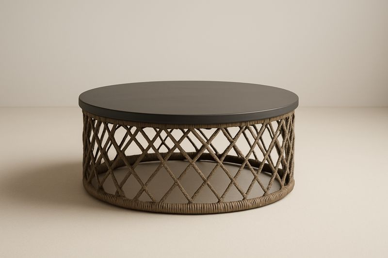 Runder Couchtisch aus Metall und Seilgeflecht, Dunkelbraun, Durchmesser 100 cm