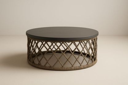 Runder Couchtisch aus Metall und Seilgeflecht, Dunkelbraun, Durchmesser 100 cm