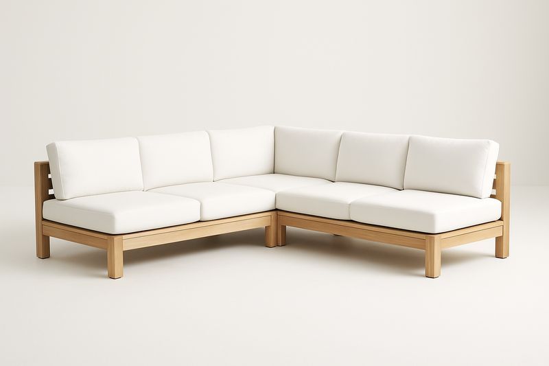 Ecksofa Set Holzrahmen Weißes Polyesterbezug für den Außenbereich